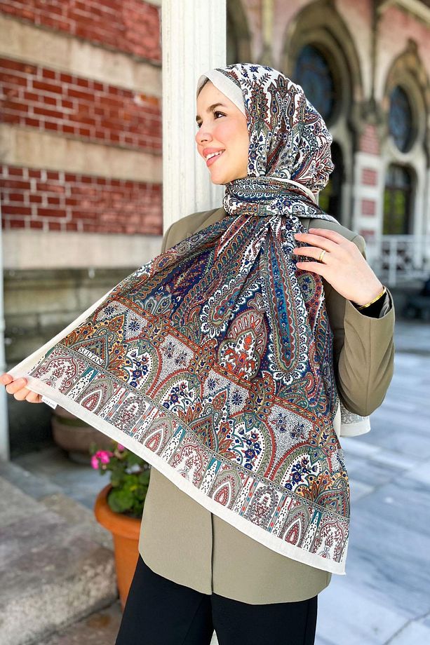 Sultan Fresh Pamuk Şal - Saray Bahçesi Deseni - SLF003-05 - Krem, Lacivert, Yeşil - 3