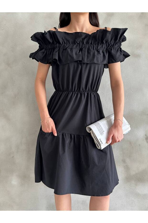 Women's Black Ruffled Madonna Collar Pocket Detailed Short Summer Dress