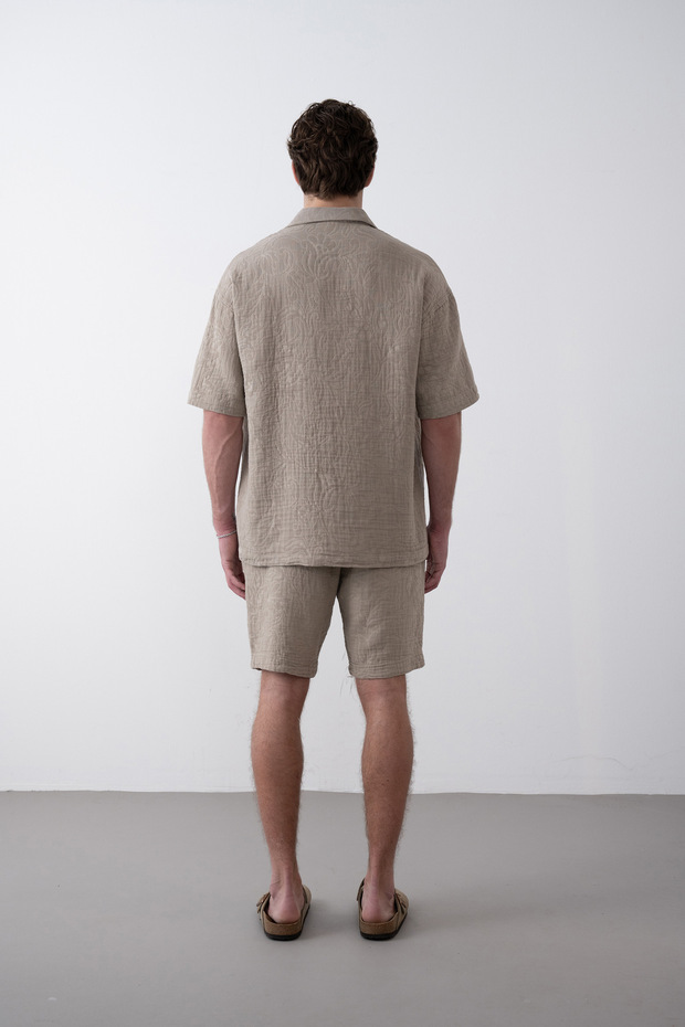 Embossed Stone Pattern Men's Oversize Shirt - 4