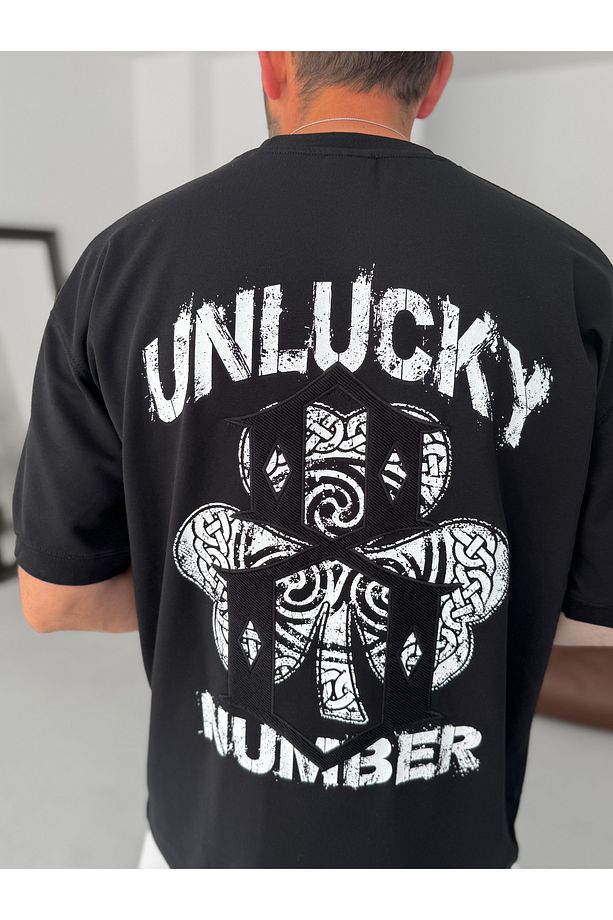 Siyah Unlucky Number Baskılı Oversize T-Shirt RES-5183 - 3