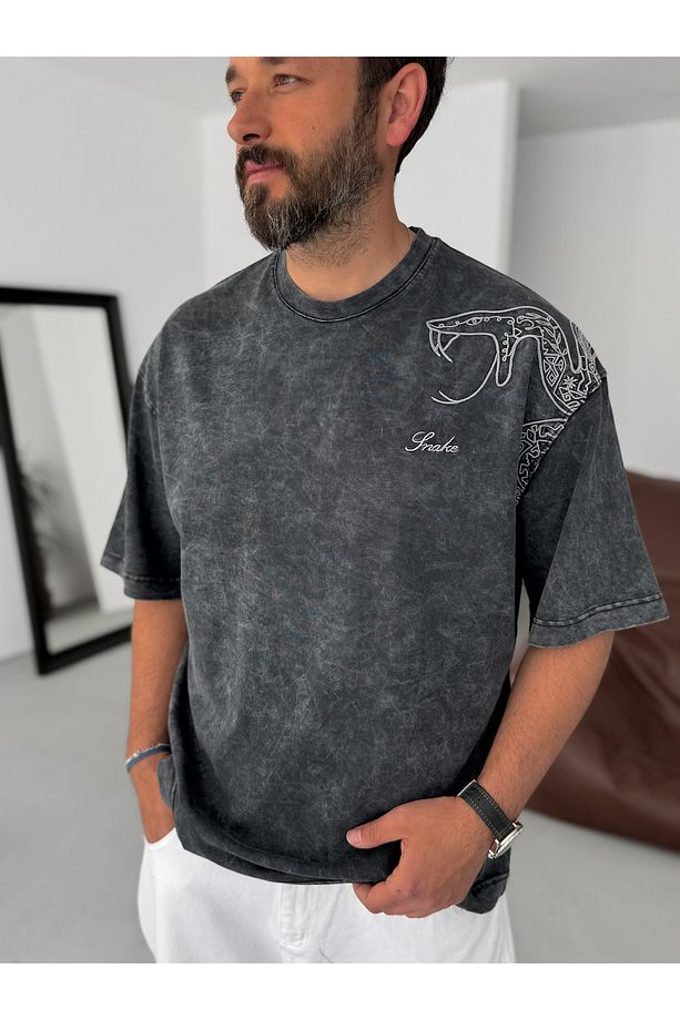 Siyah Yıkamalı Snake Baskılı Oversize T-Shirt RES-5247 - 4