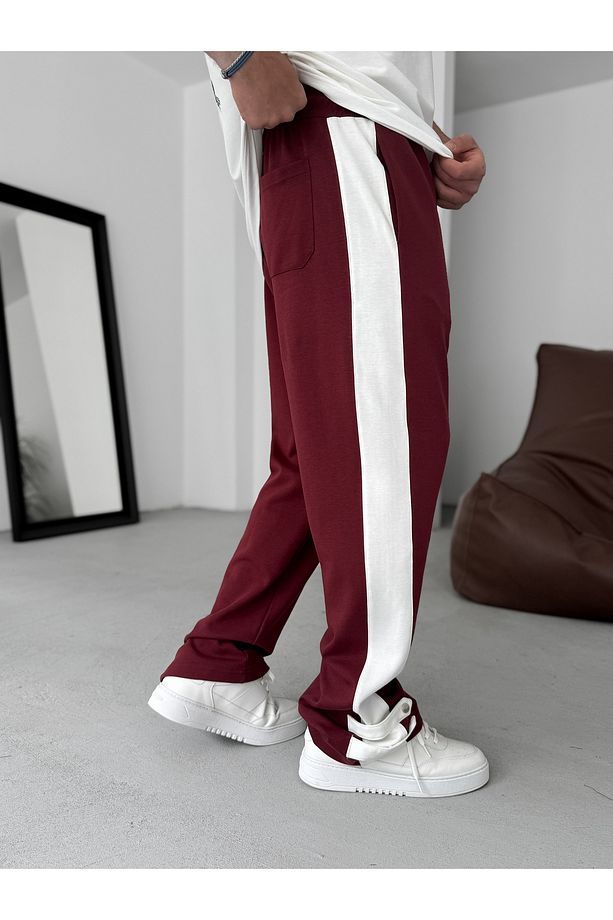 Bordo Paça Düğmeli Şeritli Boru Paça Eşofman RES-5136 - 5