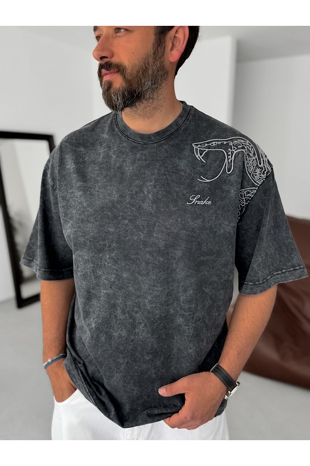 Siyah Yıkamalı Snake Baskılı Oversize T-Shirt RES-5247 - 3