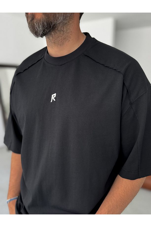 Siyah Parlak R Baskılı Oversize T-Shirt RES-5237 - 4