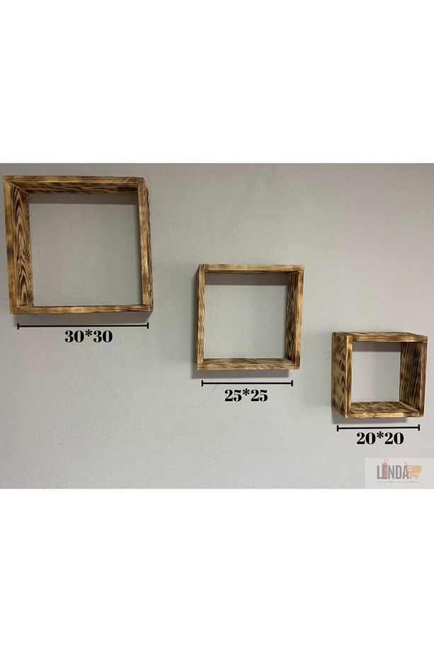 Ahşap Dekoratif Tasarımlı 3 Adet Kare Duvar Rafı - 3