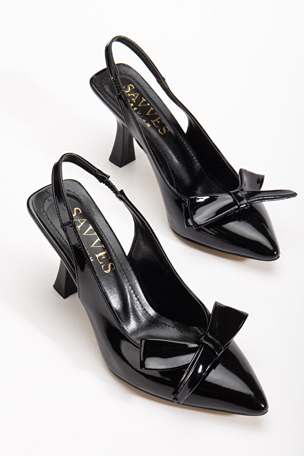 Women's Black Patent Leather Bow Detailed Open-Back Thin Heeled Shoes