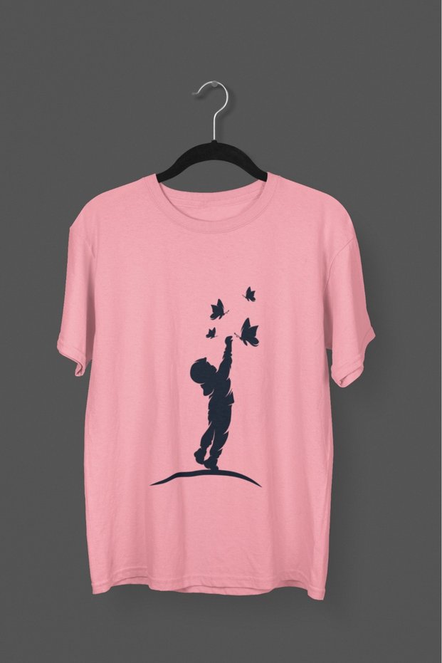 Men/Women -Children and Butterflies- Transfer Printed Round Neck Short Sleeve T-Shirt
