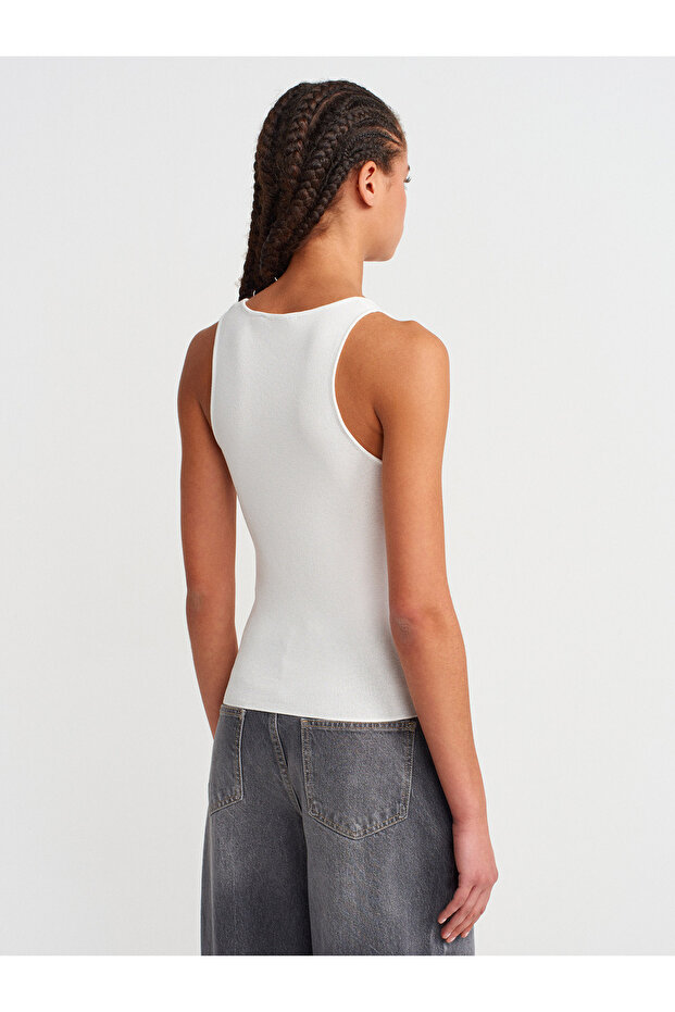 10746 Kalın Askılı Basic Triko Bluz-Beyaz - 2