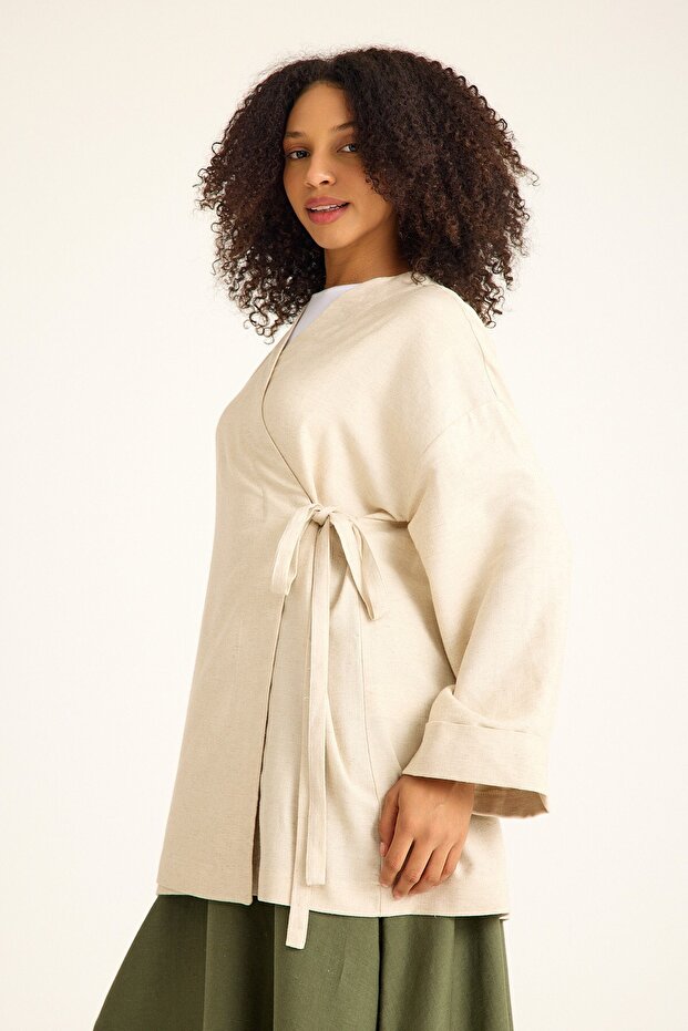 Keten Kimono Bej - 5