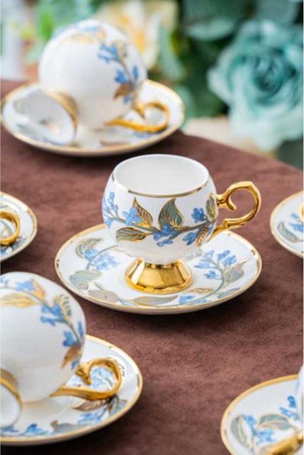 Orville Blue Set of 6 Porcelain Turkish Coffee Cups - 100 ml
