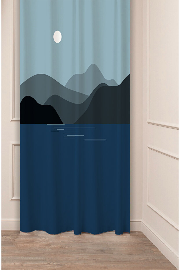 Navy Blue Sea Moon Light Yakamoz Mountain Bohemian Patterned Special Design Digital Printed (Single Wing) Background Curtain