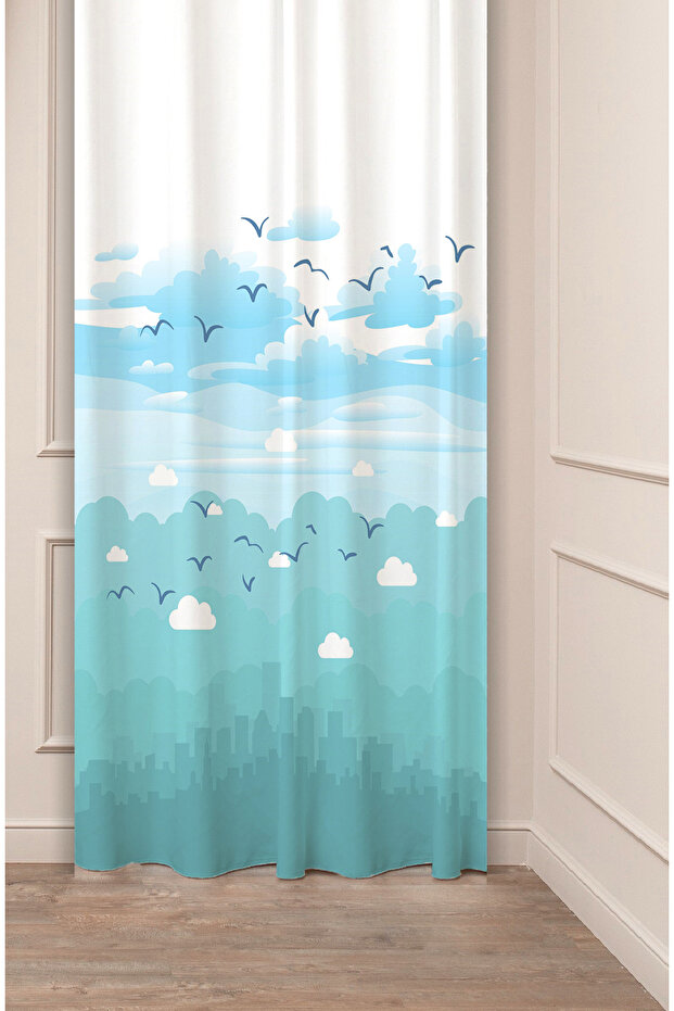 Blue Cloud City Nature Seagull Mountain Bohemian Patterned Special Design Digital Printed (Single Wing) Stylish Background Curtain