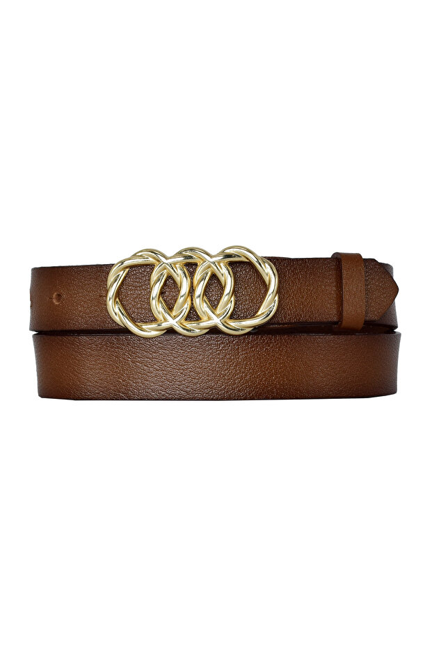 Genuine Leather, Gold Knitted Buckle 3 Cm Brown Women's Belt; Dress, Trouser Belt = 3cm-kdn-45