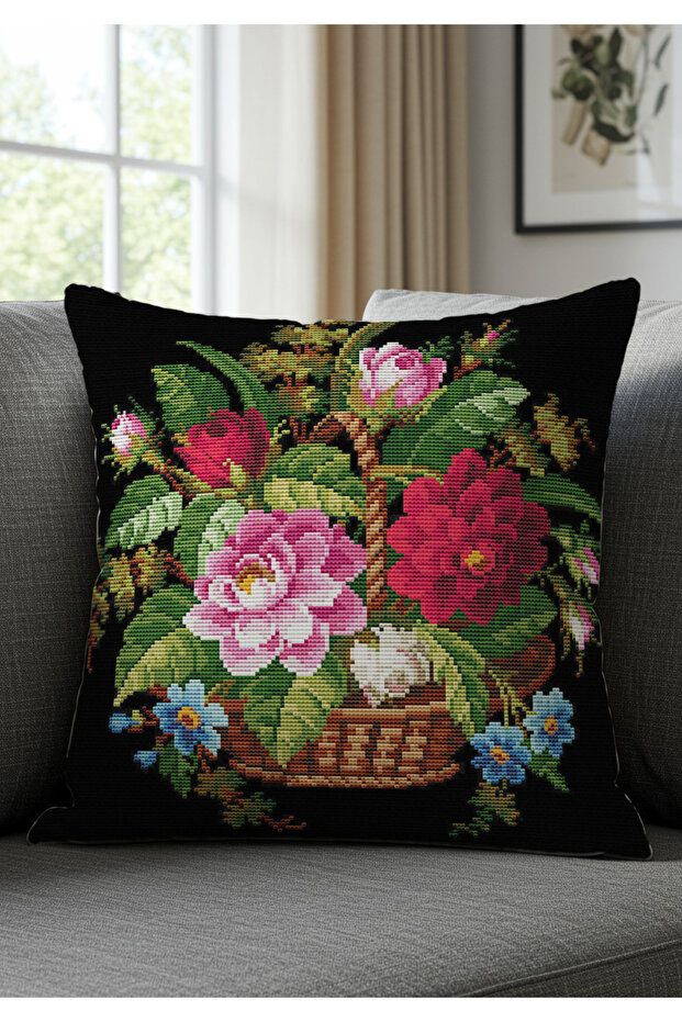 Cross Stitch Black Background Red Rose Patterned Digital Printed Set of 2 Throw Pillow Cases - 2