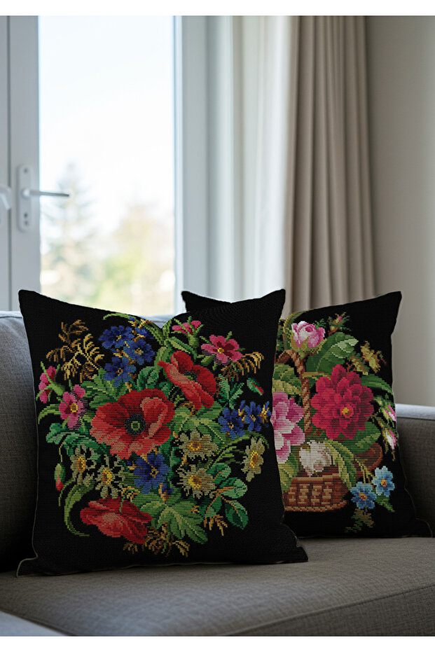Cross Stitch Black Background Red Rose Patterned Digital Printed Set of 2 Throw Pillow Cases - 1