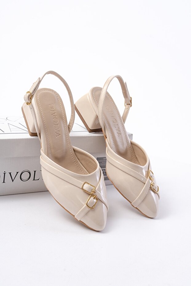 Gabriel Beige Patent Leather Cross Buckle (4 cm Heeled) Pointed Toe Ballerina Shoes