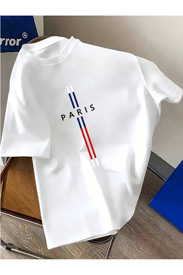 Men's Paris Stripe Printed Short Sleeve Oversize T-Shirt