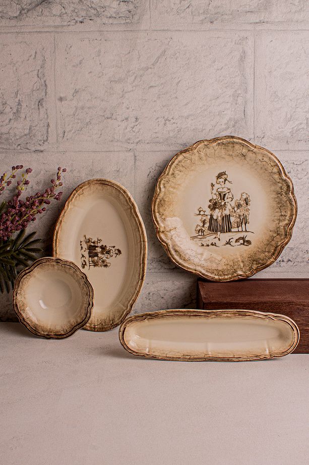 Retro - 14 Parça Porselen Vintage Tuval Model Kahvaltı Takımı 6 Kişilik Pasta Seti Kahvaltı Seti - 2