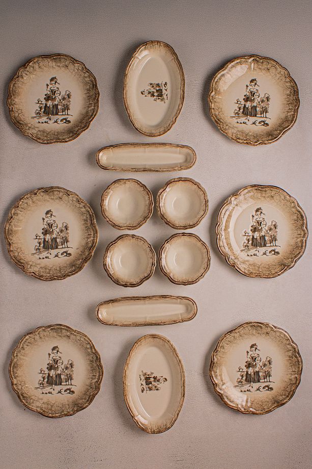 Retro - 14 Parça Porselen Vintage Tuval Model Kahvaltı Takımı 6 Kişilik Pasta Seti Kahvaltı Seti - 1
