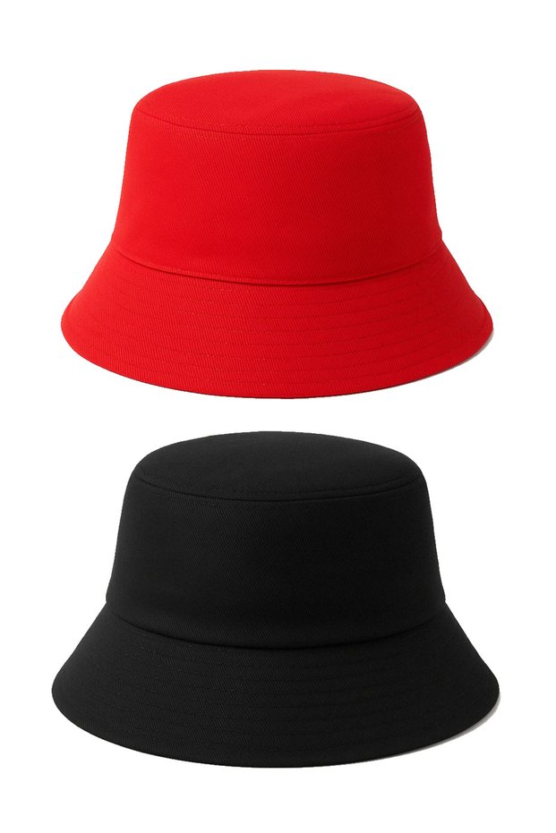 2-Piece Summer Fabric Bucket Hat, Men's and Women's Plain Fisherman Bucket Hat, Unisex Red-Black