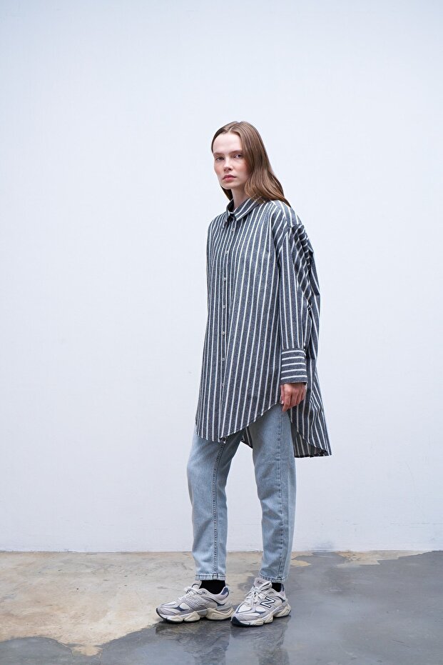 Oversize Çizgili Gömlek Siyah - 5