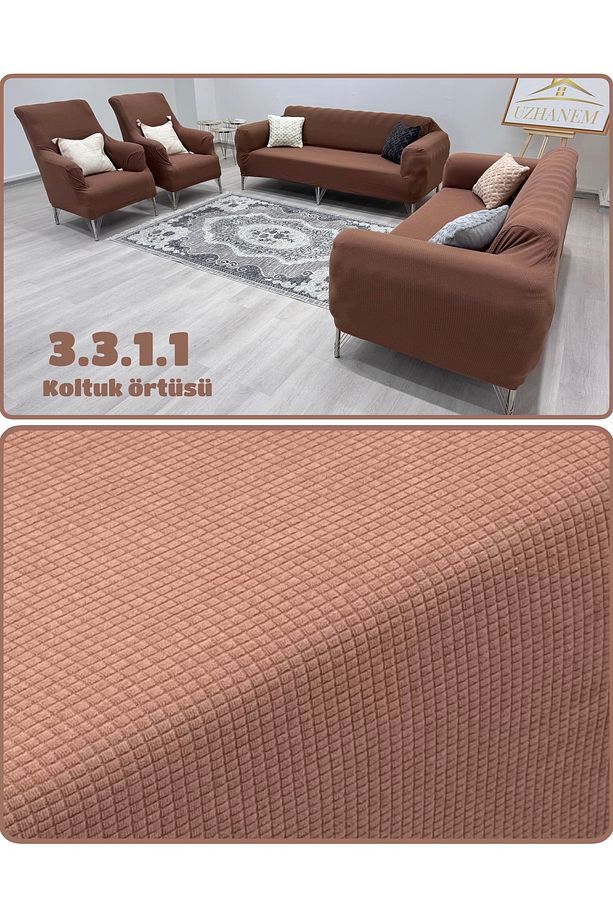 LİKRALİ KOLTUK ÖRTÜSÜ 3+3+1+1 . KOLTUK KILIFI Lastikli Esnek Yikanabilir Kare Desen - 1