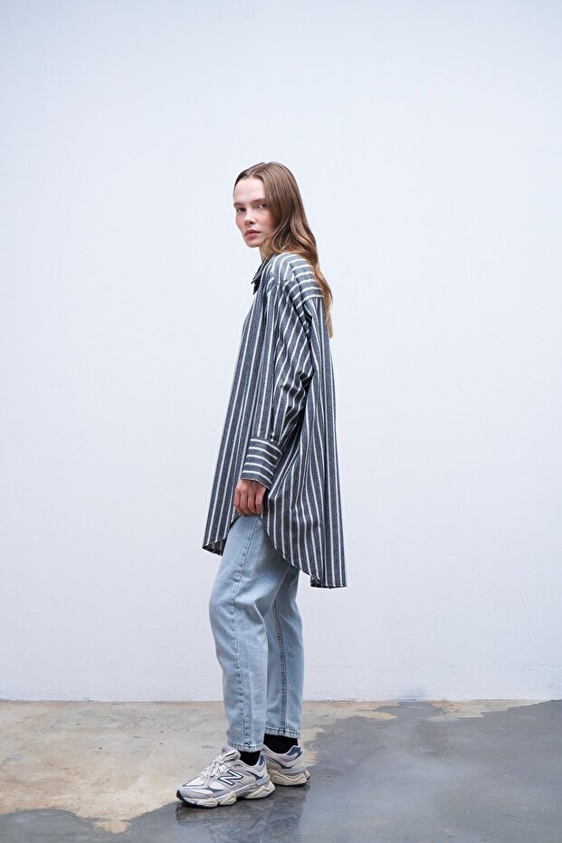 Oversize Çizgili Gömlek Siyah - 4