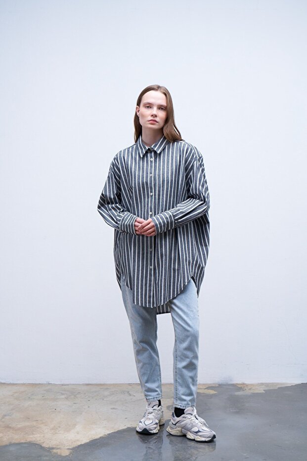 Oversize Çizgili Gömlek Siyah - 3