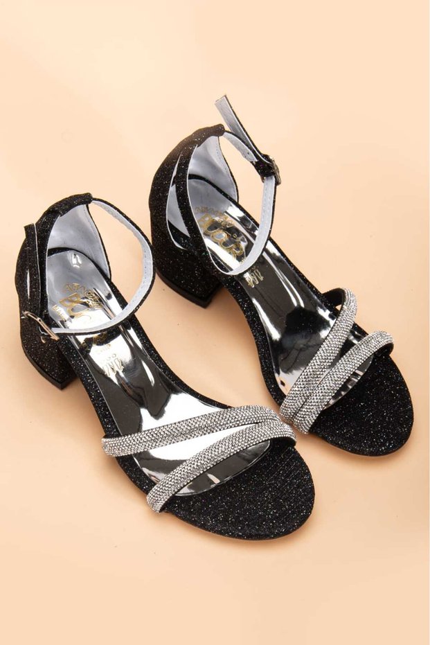 Girl's Black Çipa 2 Row Stone Summer Evening Dress Shoes