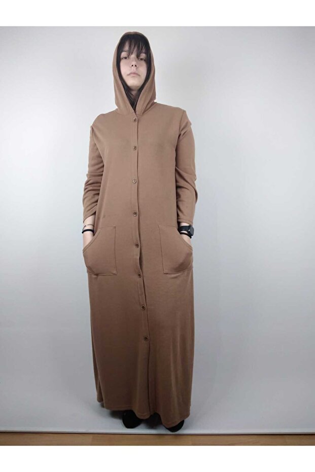 Women's Caramel Buttoned Hooded Long Sleeve Double Pocket Long Seasonal Cap Overcoat