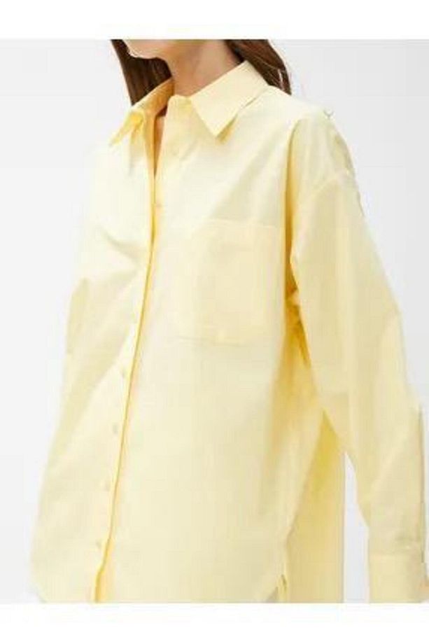 Sarı Oversize Poplin Gömlek Cepli Pamuklu - 4