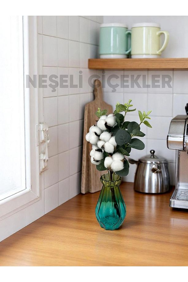 Doğal Pamuk Dalı Okaliptus Dekoratif Vazoda Çiçek Minimal Masa Üstü Süs 5’li Kuru Çiçek Yapay Çiçek - 4