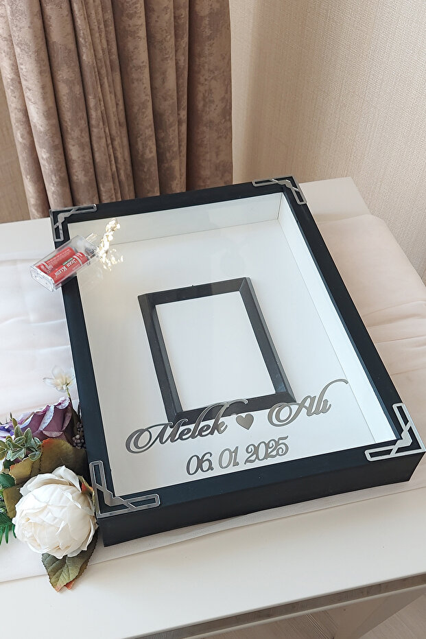 إطار ذاكرة بتصميم صندوق وردي مقاس 30 × 40 سم مع قسم صور LED باللون الذهبي والأبيض!إطار مرآة!