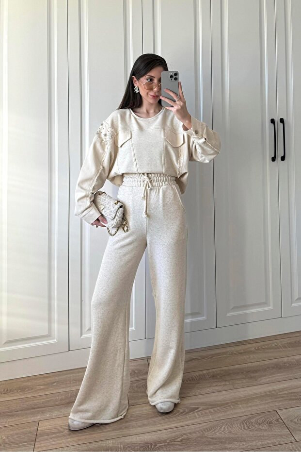 Women's Beige Ultra Premium Soft Touch Stone Detailed Sweat Pants Set Njtkpr01