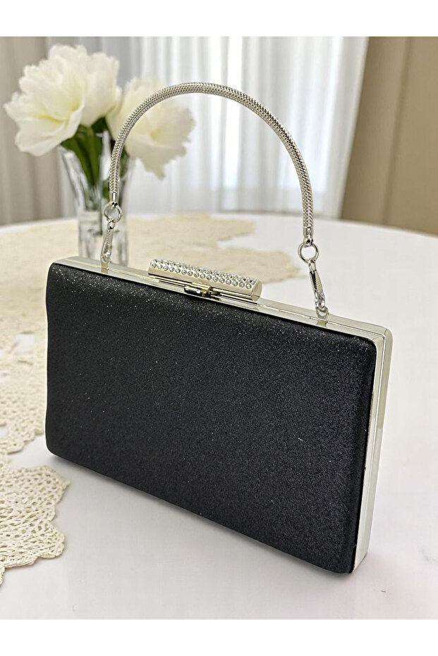 Black Silver Detailed Imported Kumsim Metal Handle Women's Evening Dress Bag That Doesn'T Shed Glitter