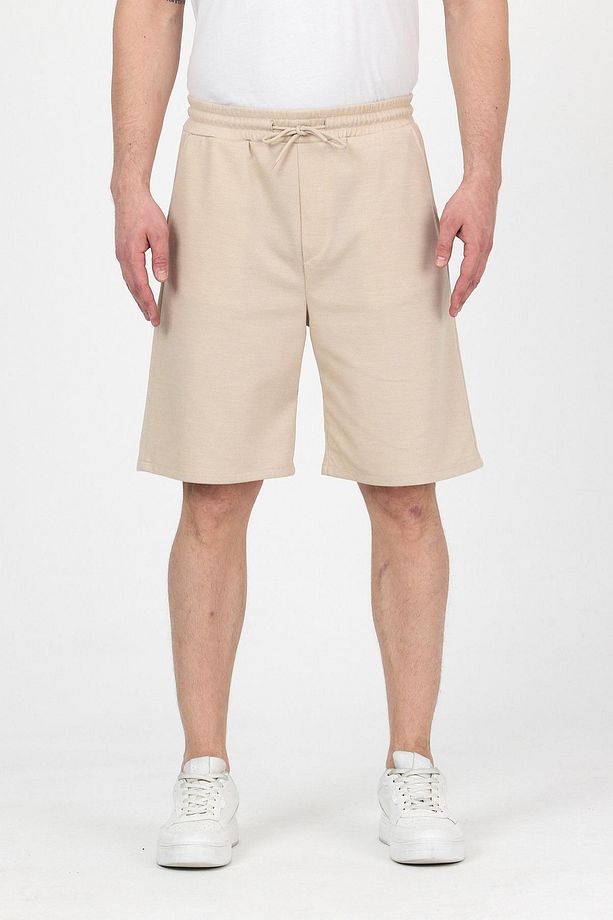 Erkek Beli Lastikli Bol Paça Basic Bej Baggy Şort - 1