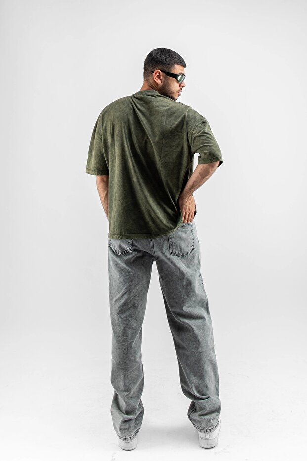 Yıkamalı Yeşil Basic Oversize Unisex Tshirt - 4