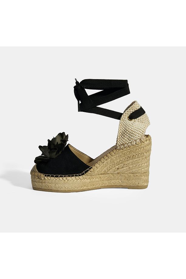 Limited Edition Siyah Kadın Çiçek Aksesuarlı Jüt Bağcıklı Dolgu Topuklu Süet Espadril - 5