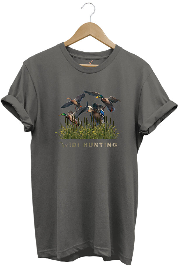 Widi Hunting Hunting Duck Hunting Printed 100% Cotton Regular Fit Crew Neck Gray T-Shirt