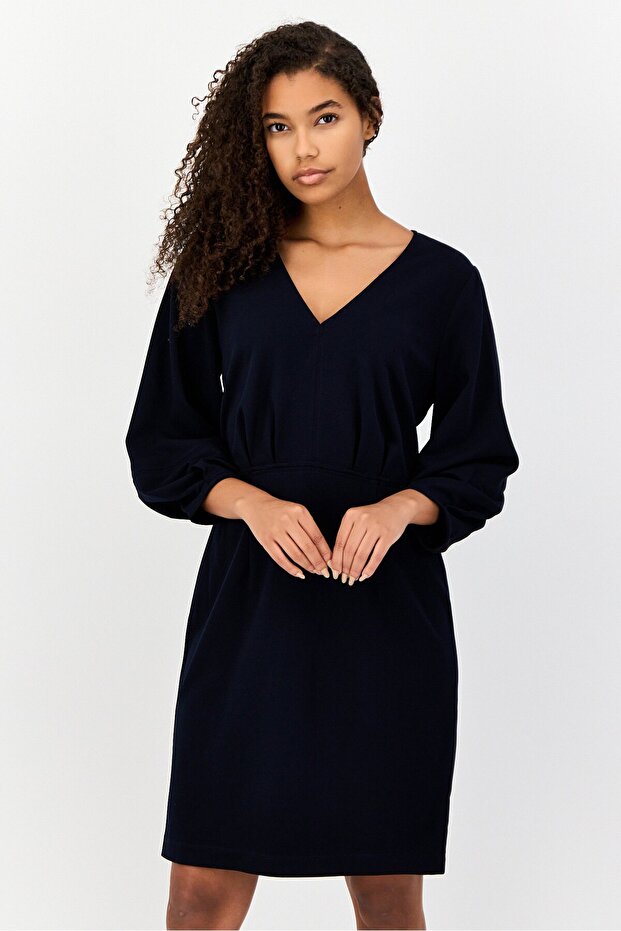 Women Solid Pleated Detail Mini Dress, Navy
