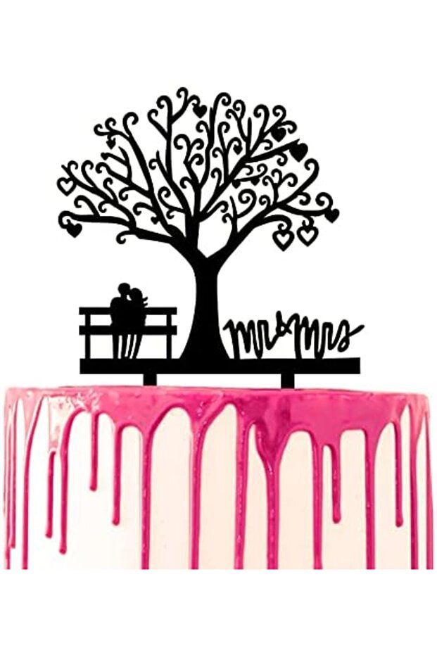 Acrylic Wedding Cake Topper, Mr & Mrs Couple Sitting on Bench Under Tree Silhouette Decoration