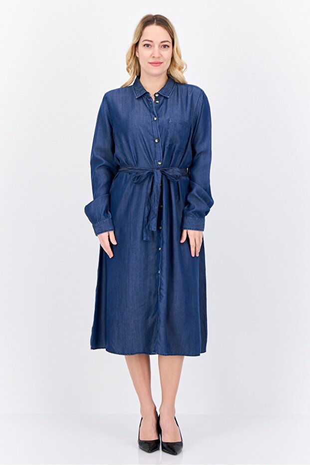 Women Plain Midi Belted Dress, Navy Blue