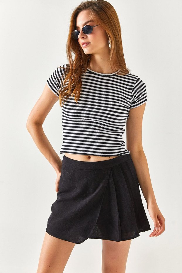 Women's Black Pleat Detailed Linen Shorts Skirt ETK-19000249