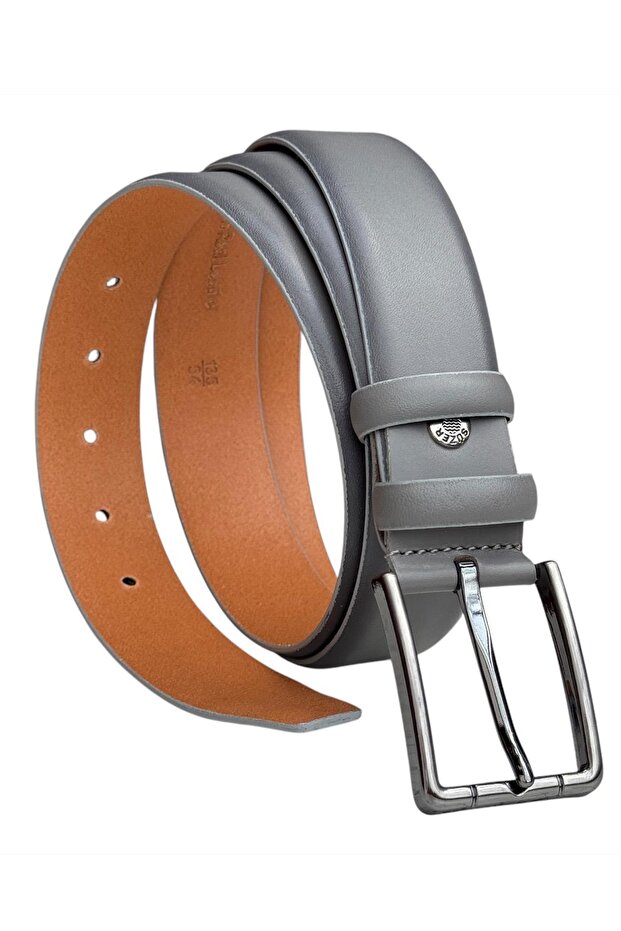 Gray Genuine Leather Solid Color Model 3.5 Cm. Classic Belt with Buckle - 215-Solid