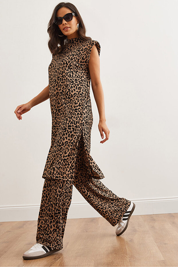 Women's Beige Leopard Padded Tunic Palazzo Trousers Leopard Set Tkm-19000336