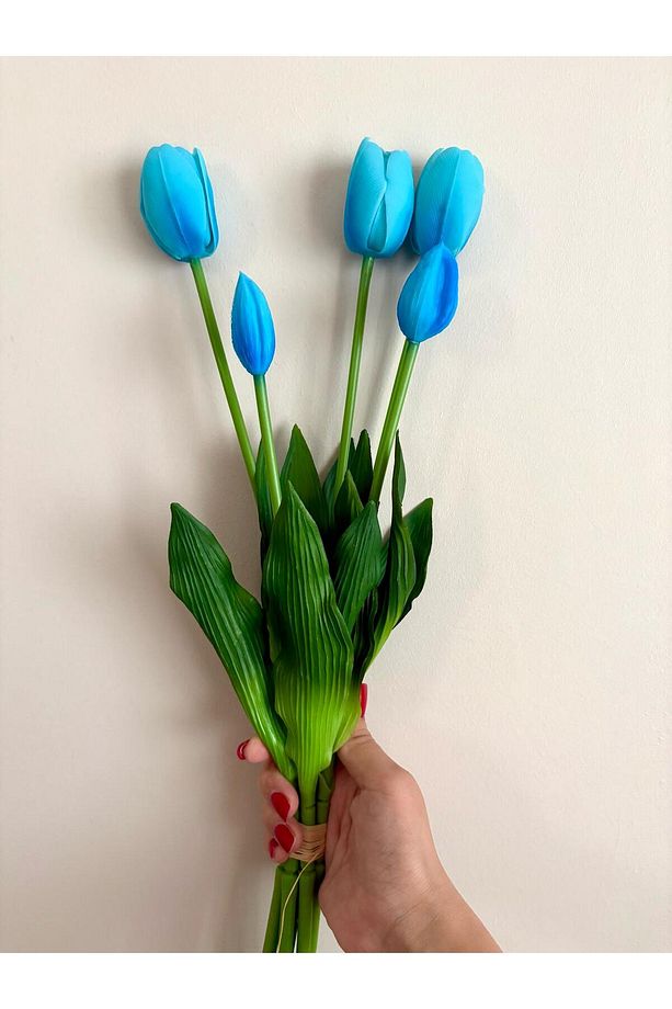 Yapay Çiçek Islak Mavi Lale Islak Dokulu Kaliteli 45 Cm. 5 Dallı. ( 3 Çiçek 2 Tomurcuk) - 1