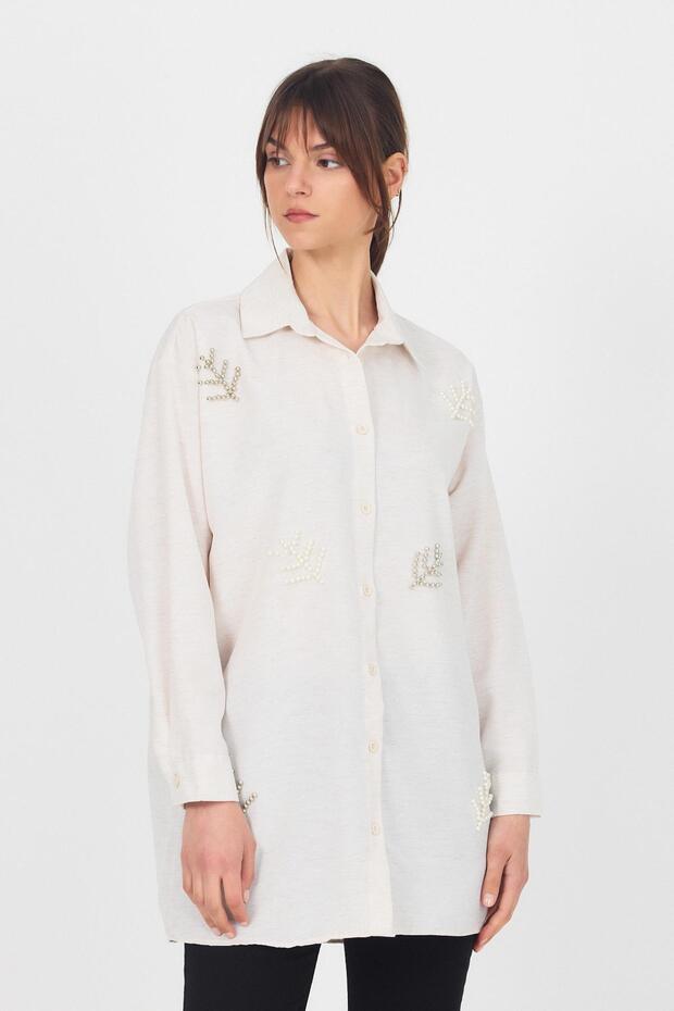 قميص لؤلؤي منقوش بأوراق شجر طبيعية 4660A - 7