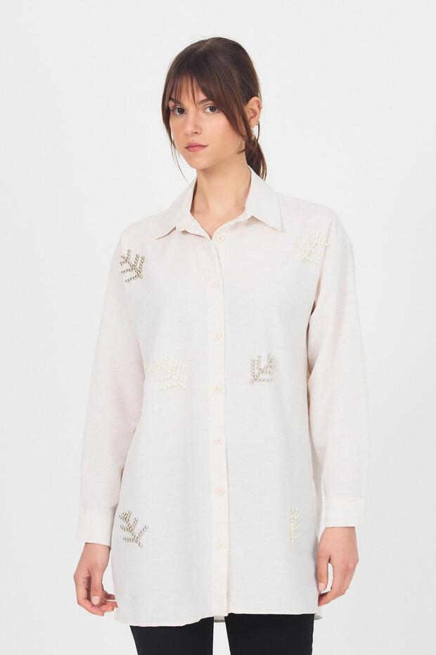 قميص لؤلؤي منقوش بأوراق شجر طبيعية 4660A - 3