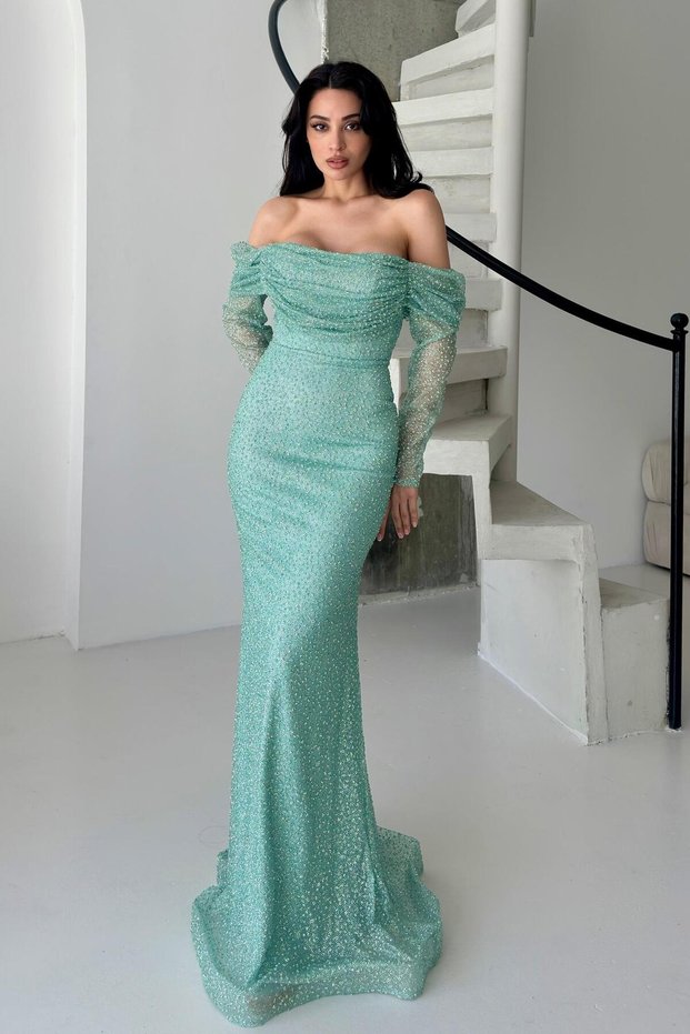 Mint Boat Neck Stone-Embellished Evening Dress
