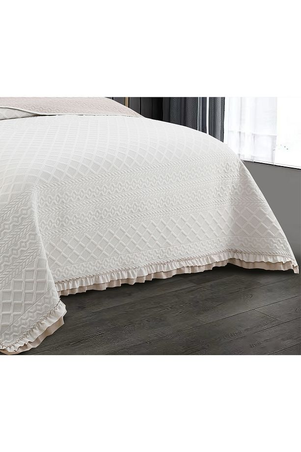 Hazel Washed Fırfırlı Çift Kişilik Bej Yatak Örtüsü Takımı - 4